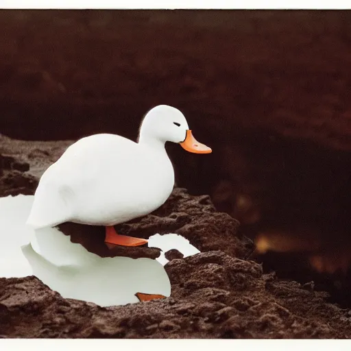 Prompt: a white duck, standing by molten lava