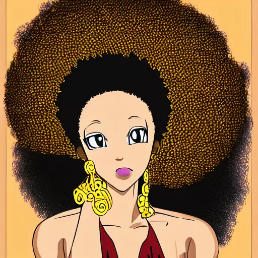 Image similar to black woman with a gold afro in anime style, highly detailed, sharp colors