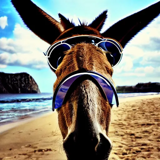 Prompt: A donkey wearing cool sunglasses at the beach, digital art, by Małgorzata Kmiec