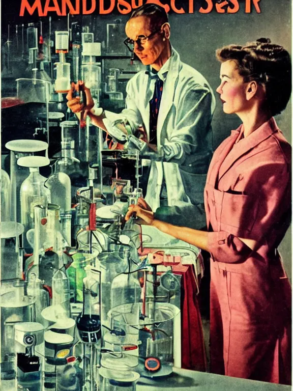 Prompt: A female mad scientist in a laboratory coat assembling a partially-built retro robotic!!! man!!! in a suit, in a darkly lit laboratory room surrounded by test tubes and jars, 1950s horror film movie poster style, (Norman Rockwell oil painting), retro vintage, saturated pink and green lighting, shadowy lighting