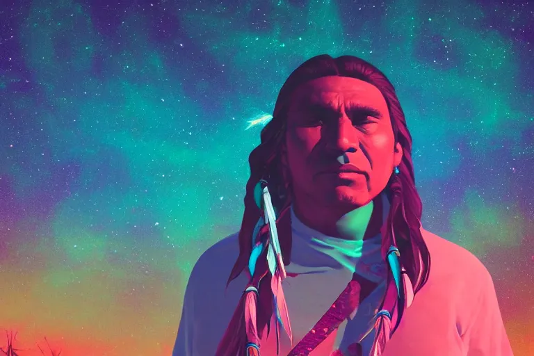 Image similar to photograph of a spiritual native american man looking up at the stars, art, universe, blender, pastel colors, synthwave, retro, cyberpunk,