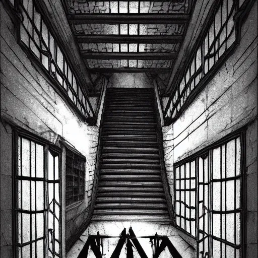 Image similar to a terrifying dark hallway with many doors and many stairs, impending doom, horror, Mc Escher architecture, epic composition, anime key visual