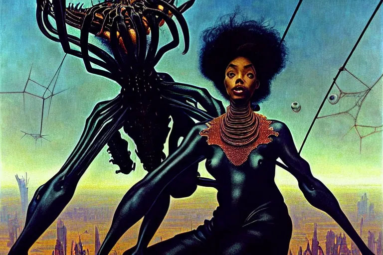 Image similar to realistic detailed portrait movie shot of a beautiful black woman riding a giant spider, dystopian city landscape background by denis villeneuve, amano, yves tanguy, alphonse mucha, max ernst, ernst haeckel, kehinde wiley, caravaggio, jean delville, david lynch, roger dean, cyber necklace, rich moody colours, sci fi patterns, dramatic, wide angle