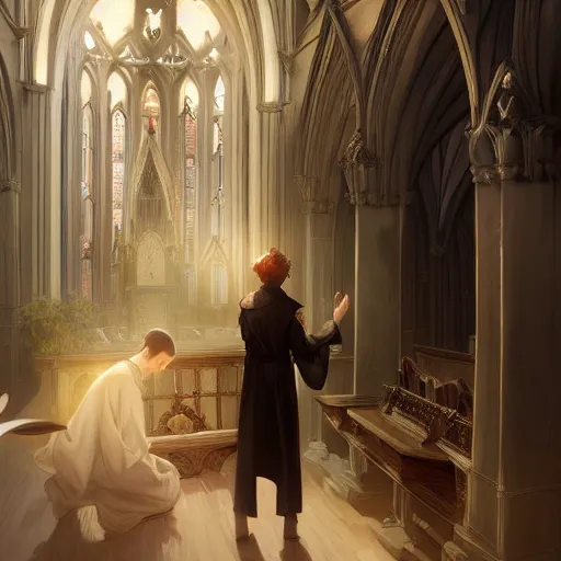 Image similar to angel protecting man who is praying inside a gothic church by Stanley Artgerm Lau, WLOP, Rossdraws, James Jean, Andrei Riabovitchev, Marc Simonetti, Yoshitaka Amano, ArtStation, CGSociety