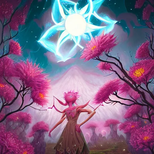 Image similar to magic the gathering lorwyn elemental, pink, flower blossoms, stars, night sky, hyper detailed, kawaii, by jacek yerka, lewandowski, hopper and gilleard, ryden, wolfgang lettl, hints of yayoi kasuma