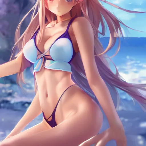 Image similar to a very beautiful mature yuuki asuna, full body, long wavy blond hair, sky blue eyes, full round face, bikini, miniskirt, front view, mid - shot, cute pose, highly detailed, cinematic wallpaper by stanley artgerm lau