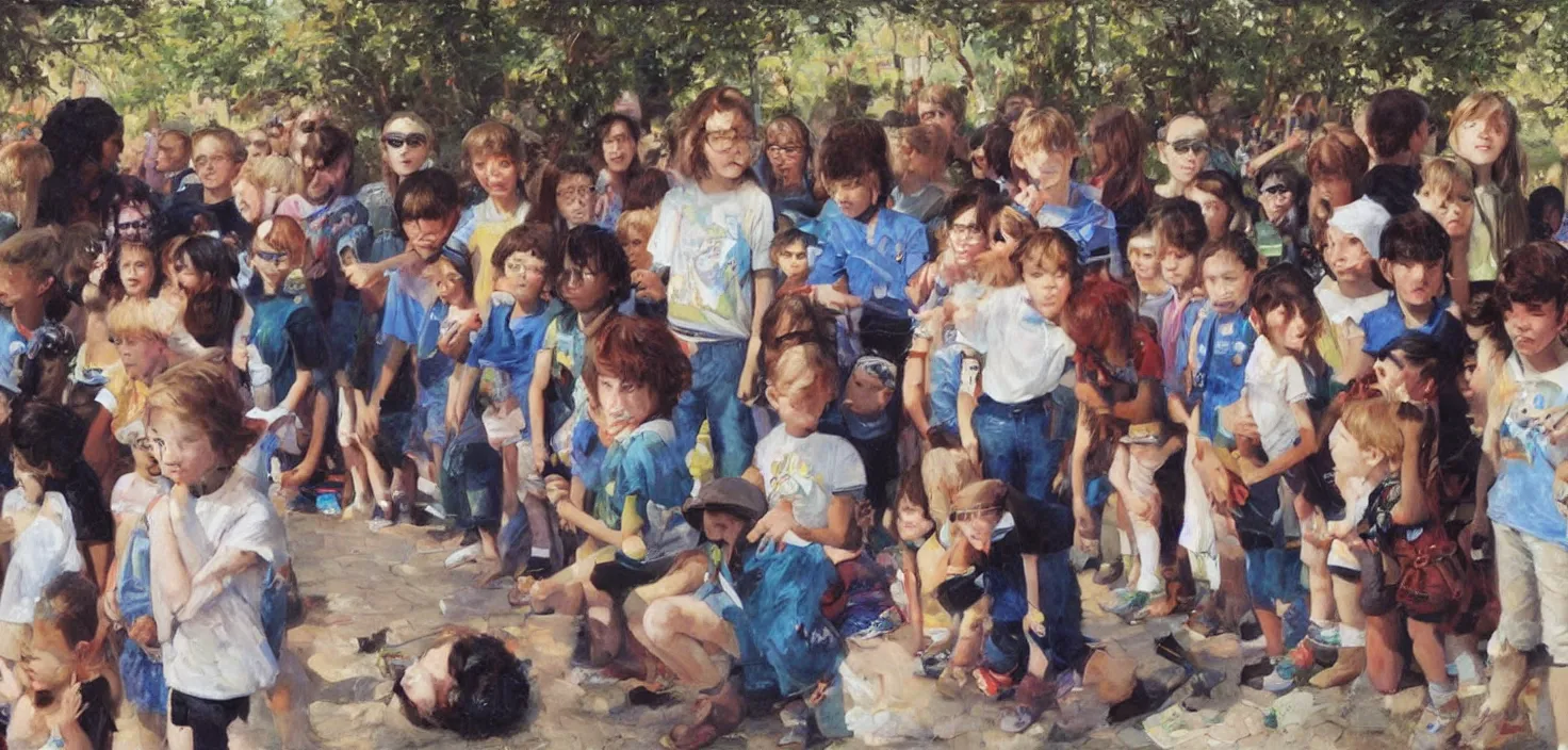 Prompt: a nerdy child stood looking at a group of cool children whilst singing echosmiths song cool kids, oil painting by James gurney