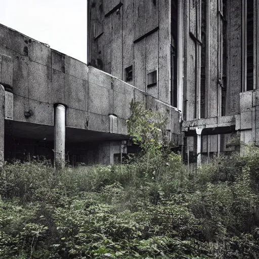Prompt: scifi brutalist industrial complex, overgrown, photograpgy