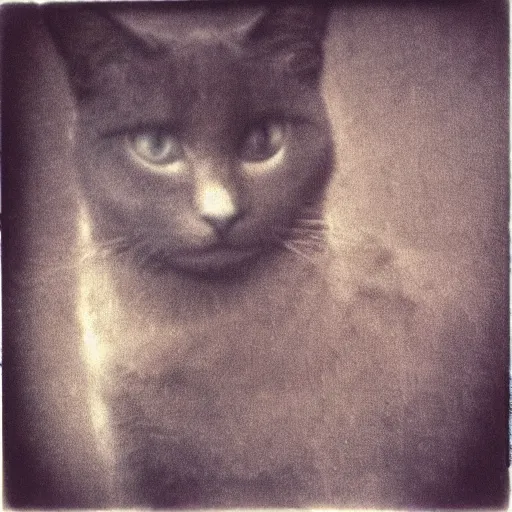 Image similar to black cloudy shadow in a cat shape, very blurry, mystical, misty, dreamy, shadow polaroid photo, by Warhol