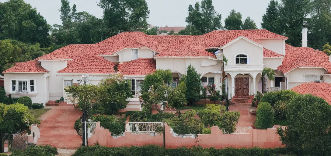 Prompt: large house with portuguese tiles in quiet suburban neighborhood. photographed by wes anderson. 8 k.