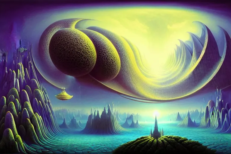 Image similar to a beautiful epic stunning amazing and insanely detailed matte painting on canvas of alien dream worlds veduta with surreal architecture designed by Heironymous Bosch, portals to new worlds, mega structures inspired by Heironymous Bosch's Garden of Earthly Delights, the nexus portal, vast surreal landscape and horizon by Cyril Rolando and Andrew Ferez, rich pastel color palette, masterpiece!!, grand!, imaginative!!!, whimsical!!, epic scale, intricate details, sense of awe, elite, wondrous, mysterious, insanely complex, masterful composition, sharp focus