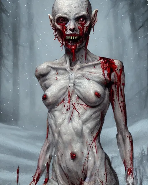Image similar to Horrifying detailed painting of a pale, emaciated humanoid creature. It has sharp teeth and claws with pale milky eyes; snow, woods, blood; dark cinematic lighting, hyper detailed, moody; painted by Greg Rukowtski, trending on Artstation