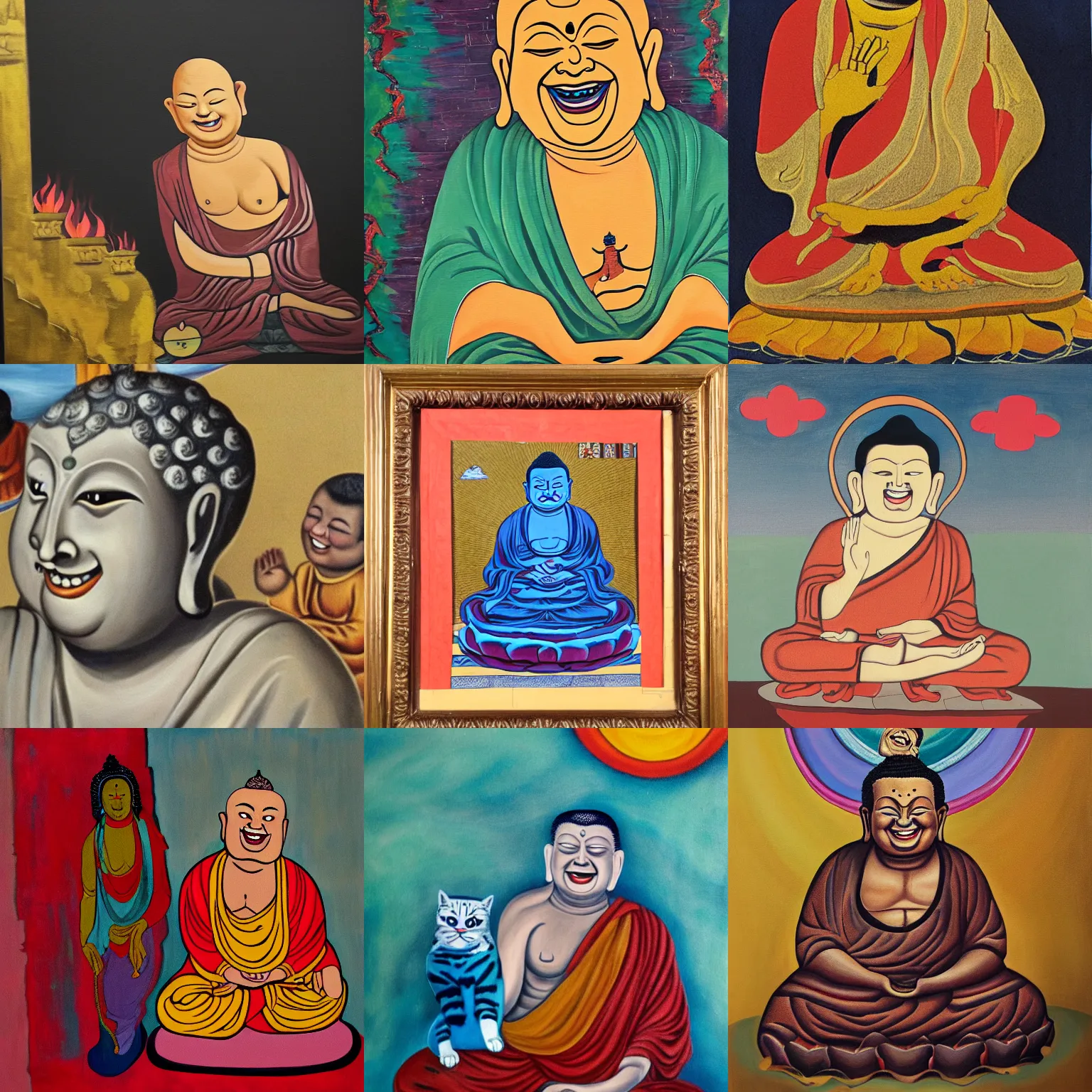 Prompt: painting of the - laughing - buddha with cat