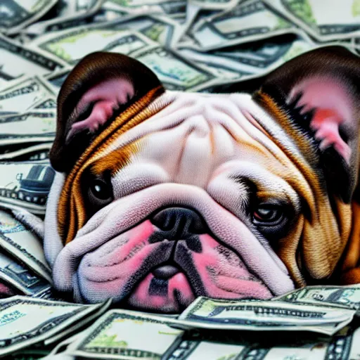 Image similar to english bulldog in pile of money, artstation