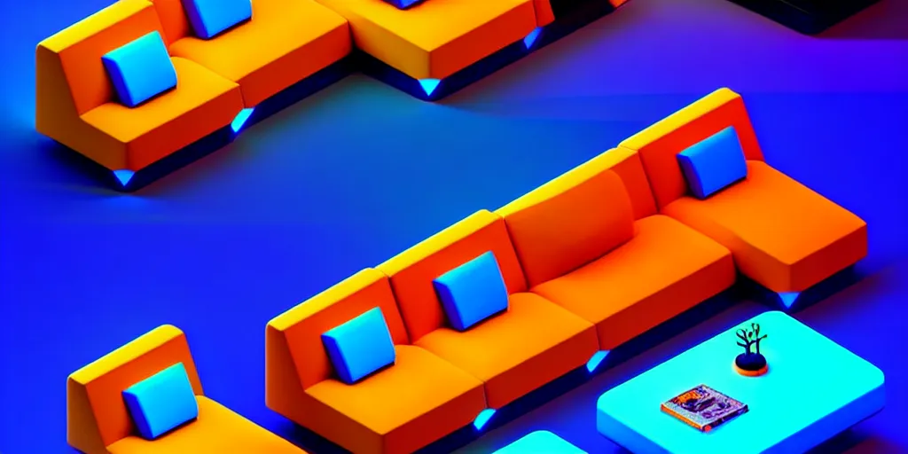 Prompt: isometric object is a low poly isometric sofa with alien aesthetic inspired by pandora in the avatar movie, it has bioluminescent plants growing on top of it, beautiful neon orange - yellow with blue hints and it's bedecked with some sparkling crystals all over the place. a dark place, night isometric ambient black background neon. behance, pinterest