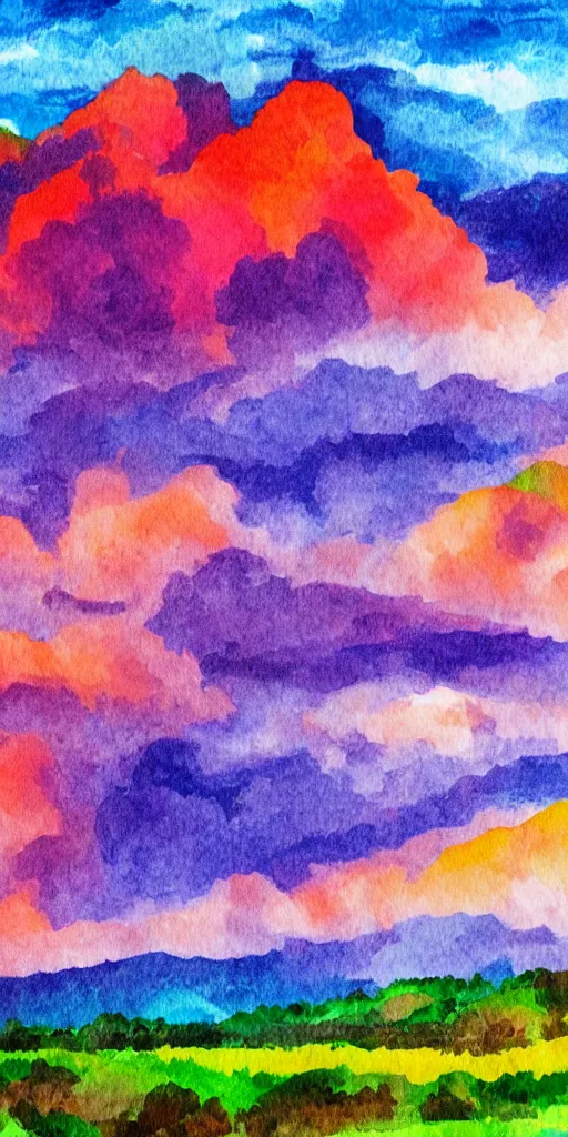 Prompt: high quality digital water color painting of idyllic vivid colorful orange purple red magical storm clouds above a mountain range