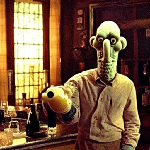 Image similar to squidward working as a bartender in the shining