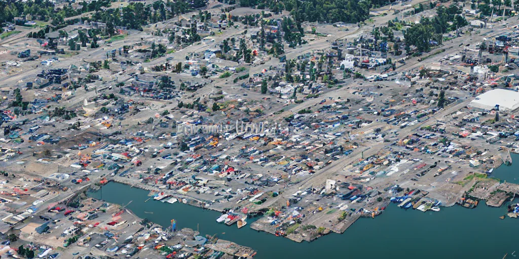 Image similar to bird's eye view of a city, trailer park, a road, bridge, and shipping dock area. town hall. photography