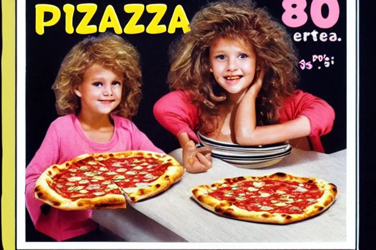 Image similar to pizza!!!!, 80s, advertisement