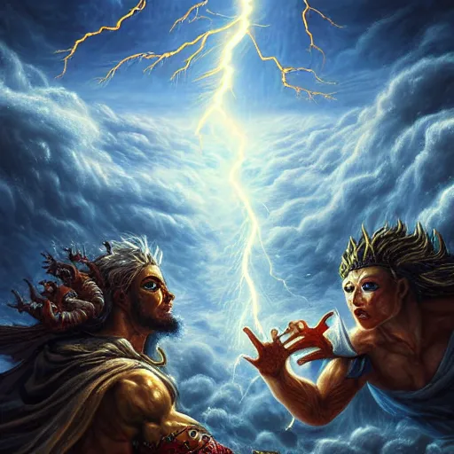 Image similar to gods fighting against the surrealistic outer enemies, scene of myth, cosmic horror, lightening, thunder, tornado, apocalypse, artgerm style, high quality, high definition digital art, highly detailed 8K