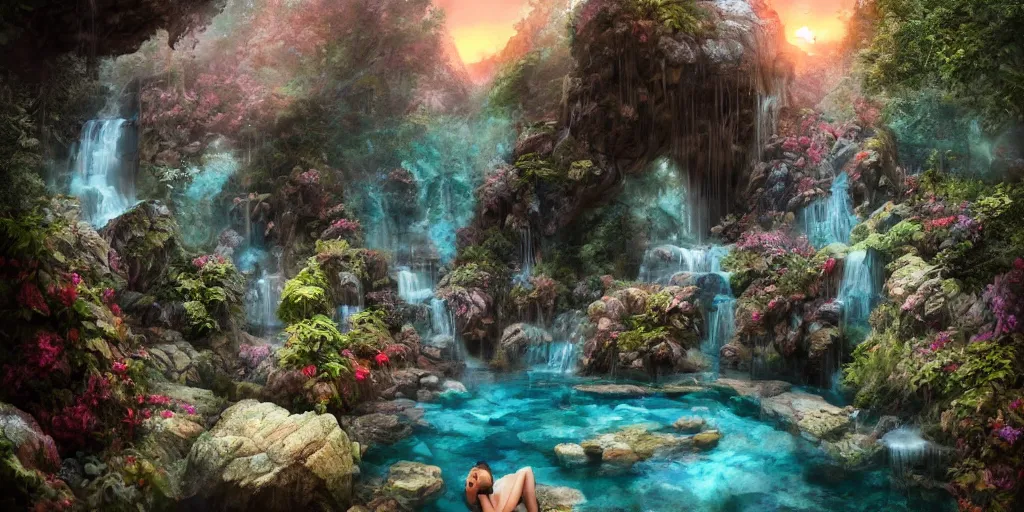 Image similar to cozy mountain hot springs hidden in a cave, lush trees and flowers, sunset, nephilim, rippling pools of water, ethereal, fantasy, James Jean, oozium, peter morbacher, angelarium, alchemy, luxury, heavenly light, Soft illumination, Trending on artstation, Cinematic Lighting, digital painting, octane render, artgerm