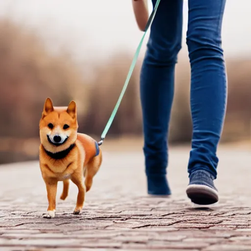 Image similar to close up photo of a tiny emma watson walking her shiba inu, cinematic, shallow dof, 3 5 mm, 4 k, macro