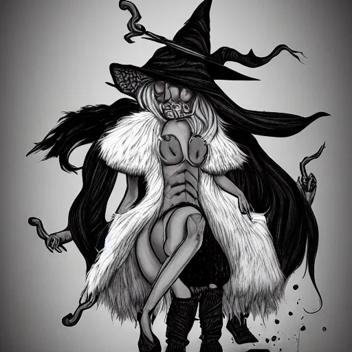 Image similar to fantasy art of a witch turning a man into a cow, black and white fur, pink udder, extremely detailed, trending on artstation