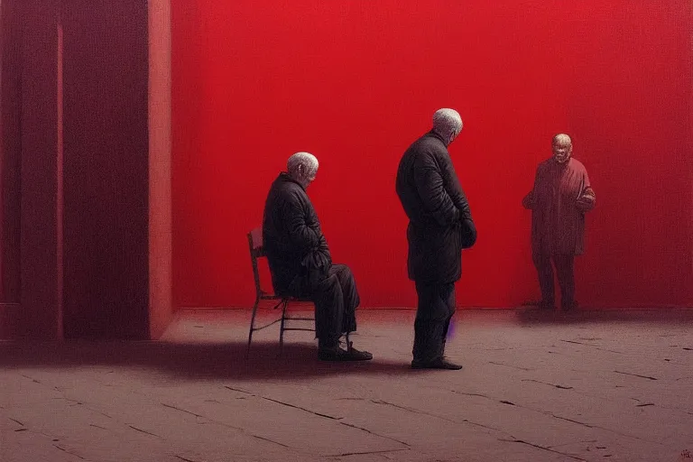 Image similar to only with red, a red old man try to sell a portrait, in a square, crowd cheering, in the style of beksinski, parts by edward hopper, parts by rodcenko, parts by yue minjun, intricate and epic composition, red by caravaggio, insanely quality, highly detailed, masterpiece, red light, artstation, 4 k