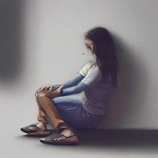 Image similar to “a girl sitting and crying in the corner, realism, depression, trending on artstation”