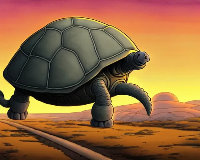 Prompt: a cell shaded cartoon giant grey lovecraftian mechanized tortoise from howl's moving castle ( 2 0 0 4 ), with a big head, on a desert road, wide shot, sunset, golden hour, muted colors, post grunge, josan gonzales, wlop, by james jean, victor ngai, hq, deviantart, art by artgem