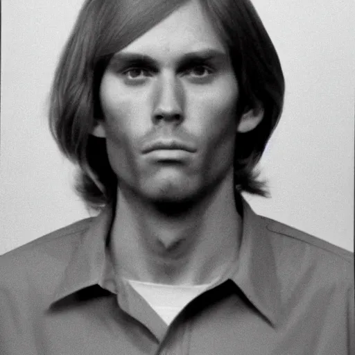 Image similar to A mugshot portrait of a man who looks like Jerma985 with short length wavy hair, a combover and wearing late 1970s menswear in the late 1970s, taken in the late 1970s, grainy, realistic, hyperrealistic, very realistic, highly detailed, very detailed, extremely detailed, detailed, trending on artstation, front facing, front view, headshot and bodyshot, detailed face, very detailed face