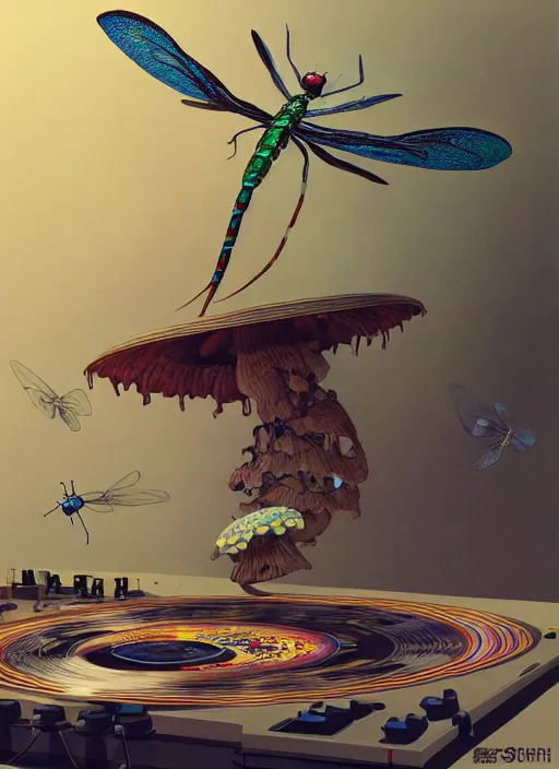 Prompt: surreal gouache painting, by yoshitaka amano, by ruan jia, by Conrad roset, by good smile company, detailed anime 3d render of a magical Dragonfly flying over a Mushroom on a DJ Mixer, Vinyl deck, controller, portrait, cgsociety, artstation, rococo mechanical and Digital and electronic, dieselpunk atmosphere