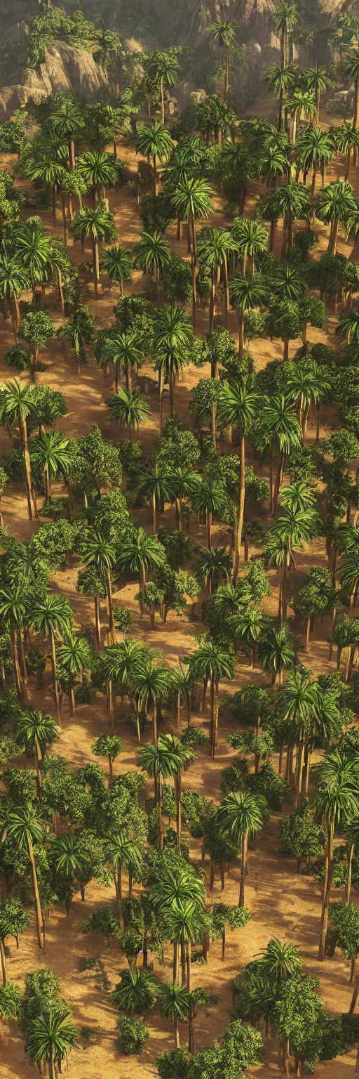 Image similar to photo of vertical golden village, arid mountains and lush palm forest, photo realism, sharp focus, octane