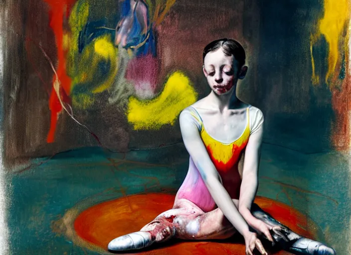 Prompt: portrait of nervous young girl ballerina sitting on the floor focusing in a dance hall by hernan bas and francis bacon and alberto seveso and pat steir and hilma af klint, psychological, photorealistic, symmetrical face, dripping paint, washy brush, matte painting, rendered in octane, altermodern, masterpiece