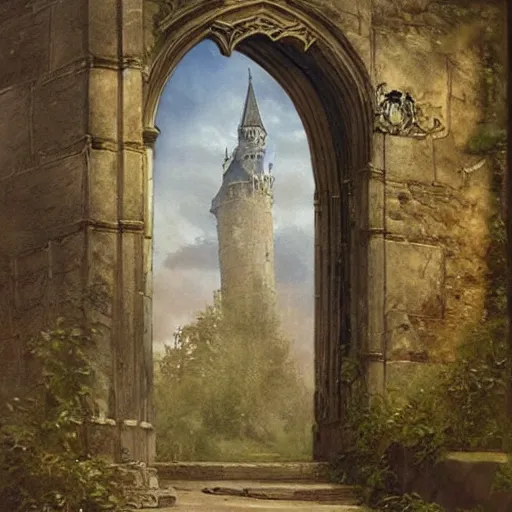 Prompt: Jean-Baptiste Monge and Alex Ross a artwork of a gothic revival castle gatehouse