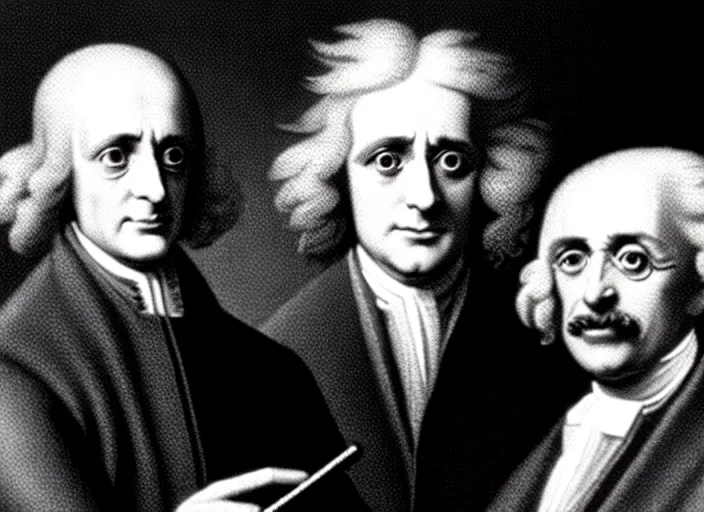 Image similar to selfie of isaac newton and stephen hawkins and albert einstein