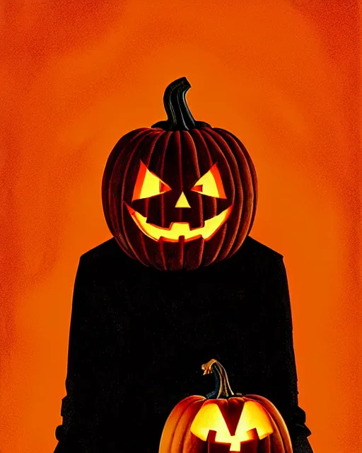 Image similar to creepy pumpkin, halloween theme, evil, horror aesthetic, portrait, cinematic, dramatic, super detailed and intricate, by koson ohara, by darwyn cooke, by greg rutkowski, by satoshi kon