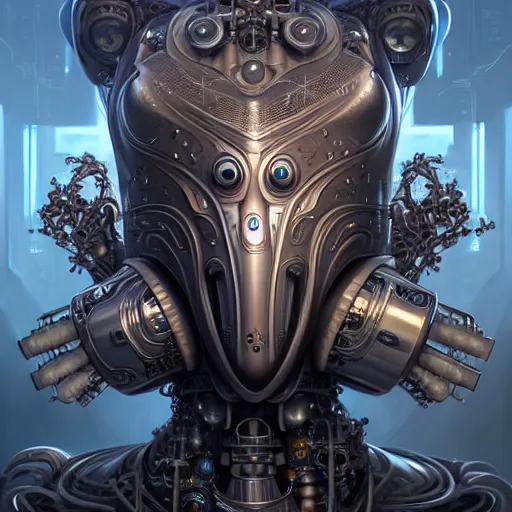 Prompt: low angle shot of a fractal cyberpunk gazmask robot character, intricate, elegant, highly detailed, centered, digital painting, artstation, concept art, smooth, sharp focus, illustration, artgerm, Tomasz Alen Kopera, Peter Mohrbacher, donato giancola, Joseph Christian Leyendecker, WLOP, Boris Vallejo