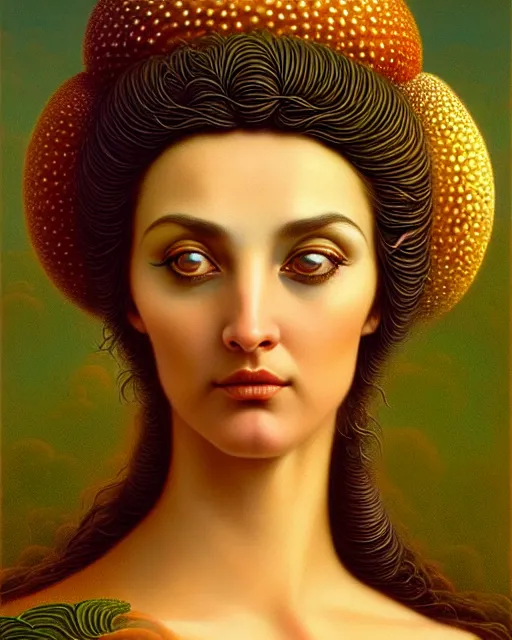 Prompt: portrait of the goddess of fungi, unusual beauty, emotionally evoking symbolic metaphors, head in focus, fantasy, ornamental, intricate, elegant, sensual, highly detailed digital painting, artstation, concept art, painterly, golden ratio, sharp focus, illustration, art by John William Godward and Boris Vallejo and Zdzisław Beksiński,