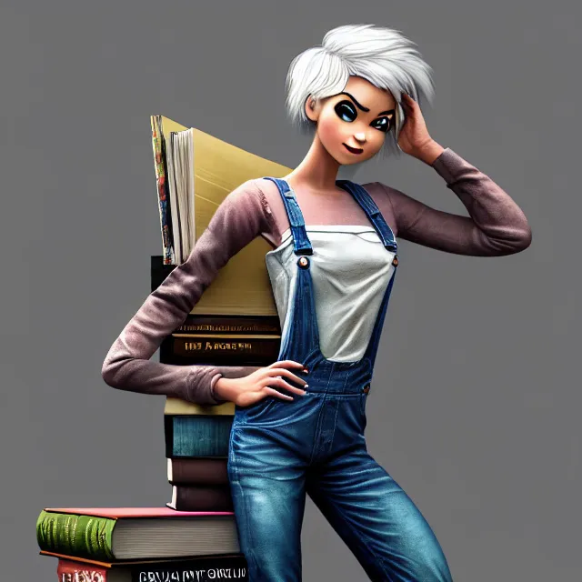 Image similar to full body pose, beautiful adult book fairy, pixar, short white hair shaved sides, dirty, grungy, grunge, long sleeve, painted overalls, stacks of giant books, highly detailed, 4 k, hdr, smooth, sharp focus, high resolution, award - winning photo, artgerm, photorealistic