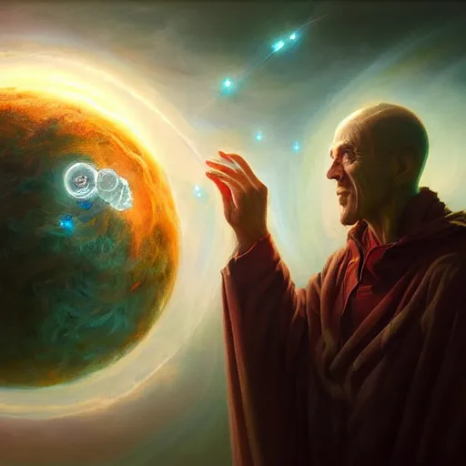 Image similar to the creator of worlds wearing a cloak and holding a holographic planet projection in his hand, detailed, sci - fi, digital painting, artstation, sharp focus, illustration, ominous, artgerm, tomasz alen kopera, peter mohrbacher, donato giancola, joseph christian leyendecker, wlop, frank frazetta