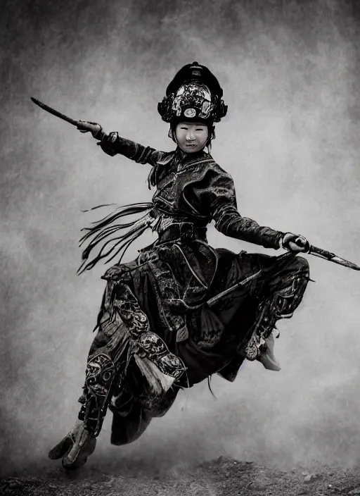 Image similar to old vintage photo of Chinese ancient warrior female on the complex steam punk hooverboard, extreme sports photography , dynamic photography, high speed,dirt and grawel flying in the spot, lens flares, dust in the air, moody lighting, intricate, elegant, highly detailed, centered, smooth, sharp focus, sports photography, old photo, black and white, sepia, cinematic lighting, cinematic angle, national geographic