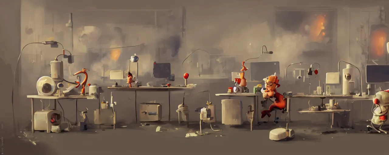 Prompt: goro fujita ilustration a science laboratory in a game dev studio office, explosion in the laboratory fire and smoke, painting by goro fujita, sharp focus, highly detailed, artstation