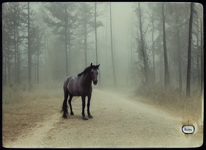 Image similar to medium shot, an evil horse is walking, woods, horror, fog, polaroid photo, vintage, neutral colors, by gregory crewdson,