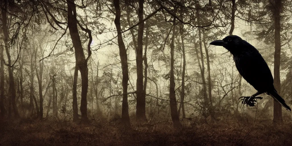 Image similar to mixture between a human and crow, photograph captured in a dark forest