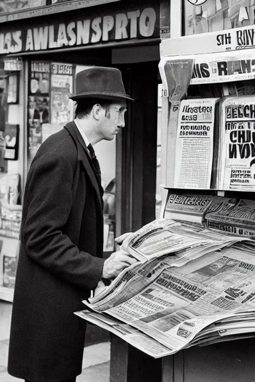 Prompt: a 5 0's detective, buying newspaper at the newsstand