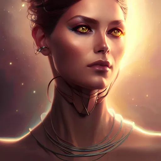 Image similar to futuristic woman portrait, sci-fi, amber eyes, face, long hair, fantasy, intricate, elegant, highly detailed, digital painting, artstation, concept art, smooth, sharp focus, illustration, art by artgerm and greg rutkowski and alphonse mucha