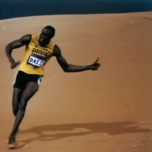 Image similar to usain bolt racing on the moon, kodachrome film