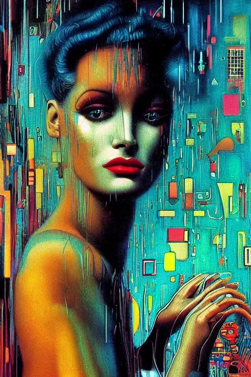 Image similar to 8 0 s art deco close up portait of miss of the world, rain like a dream oil painting curvalinear clothing cinematic dramatic cyberpunk textural fluid lines otherworldly vaporwave interesting details fantasy lut epic composition by basquiat zdzisław beksinski james jean artgerm rutkowski moebius francis bacon gustav klimt