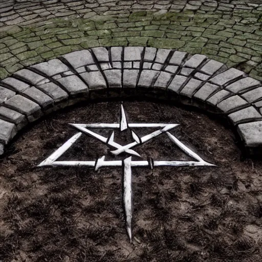 Image similar to leftovers of the ritual of a demonic invasion, satanic symbols in the ground, dark, realistic, highly detailed